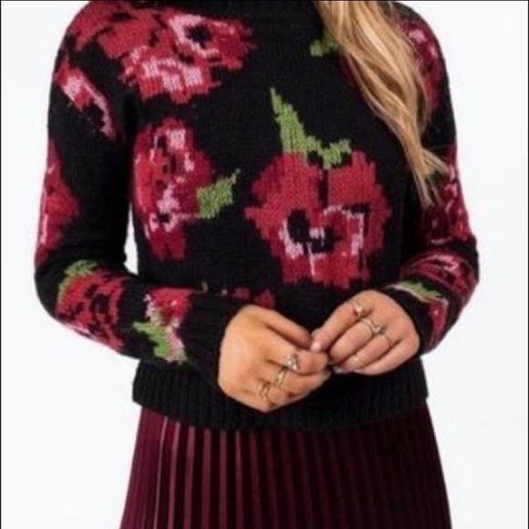 Francesca’s Jun & Ivy Odessa Rose Cropped Knit Sweater Women's Large L Floral - Picture 1 of 11